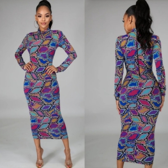 JEWEL TONE SNAKESKIN PRINT BODYCON DRESS - Picture 4 of 4